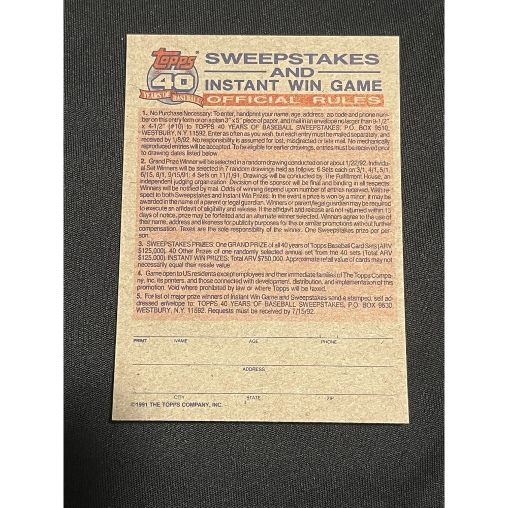 1991 Topps Instant Win Game Baseball Card Contest